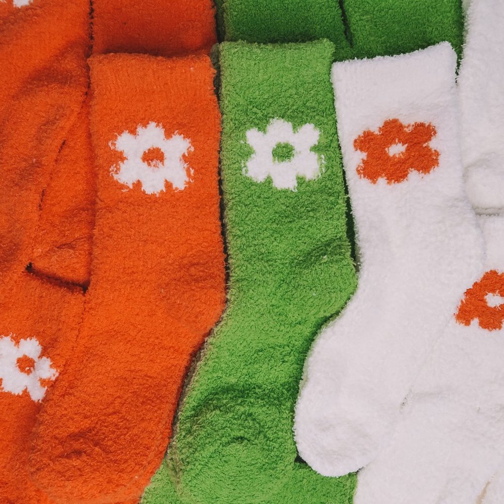 White & Orange Fuzzy Daisy Flower Socks - Picture 3 of 5